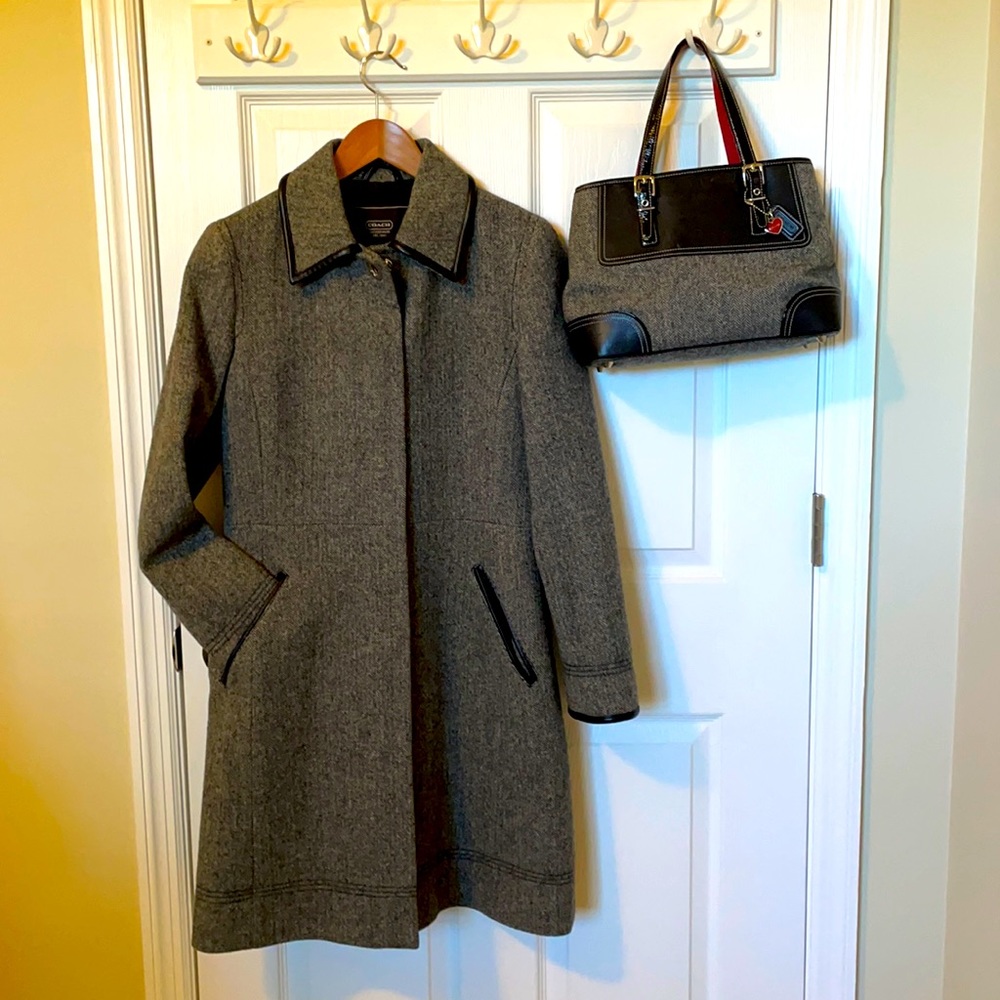 Coach wool with leather trim coat size small and matching purse